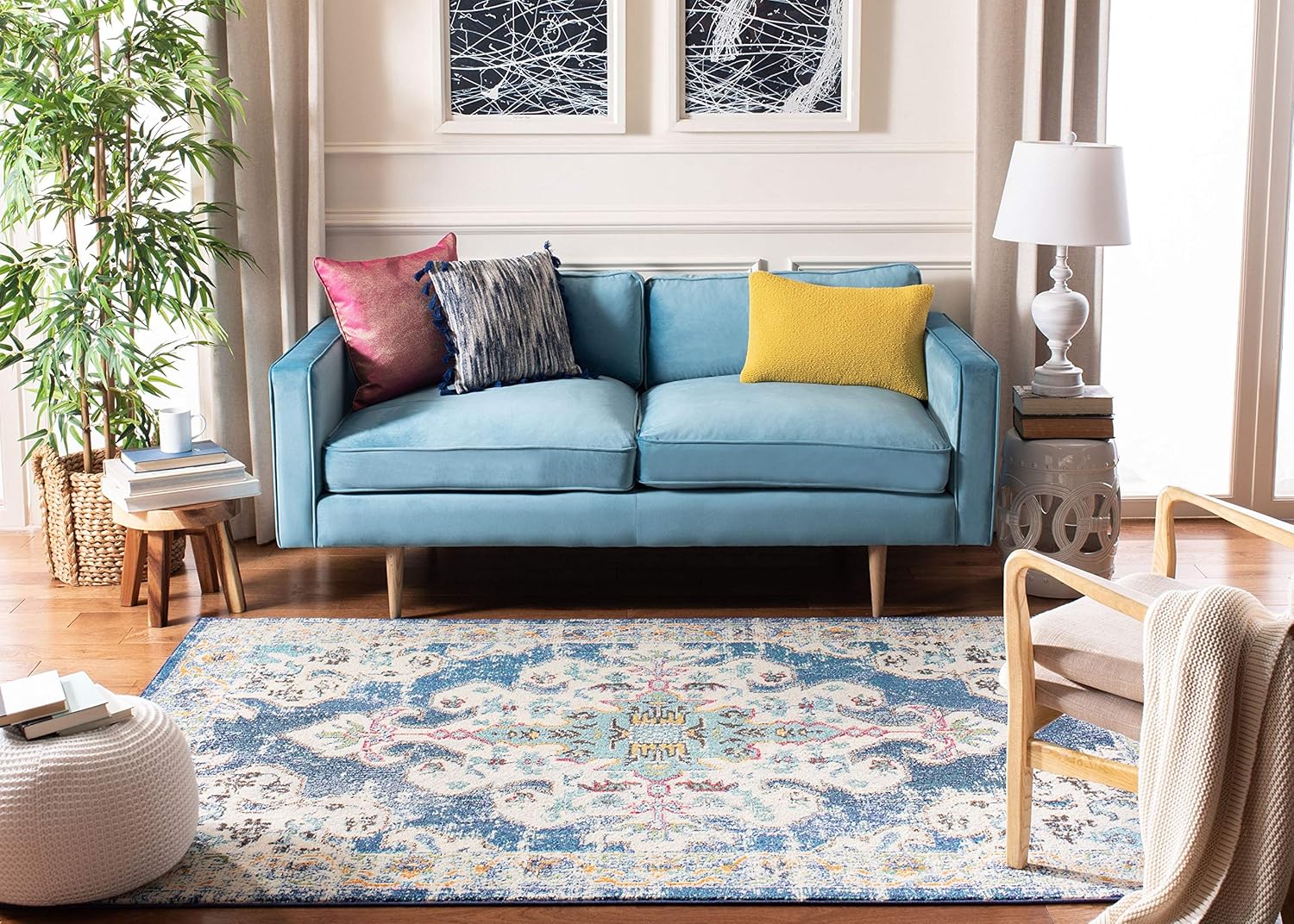 SAFAVIEH Madison Collection Accent Rug - 4' x 6', Navy & Grey, Boho Chic Medallion Distressed Design, Non-Shedding & Easy Care, Ideal for High Traffic Areas in Entryway, Living Room, Bedroom (MAD452M)