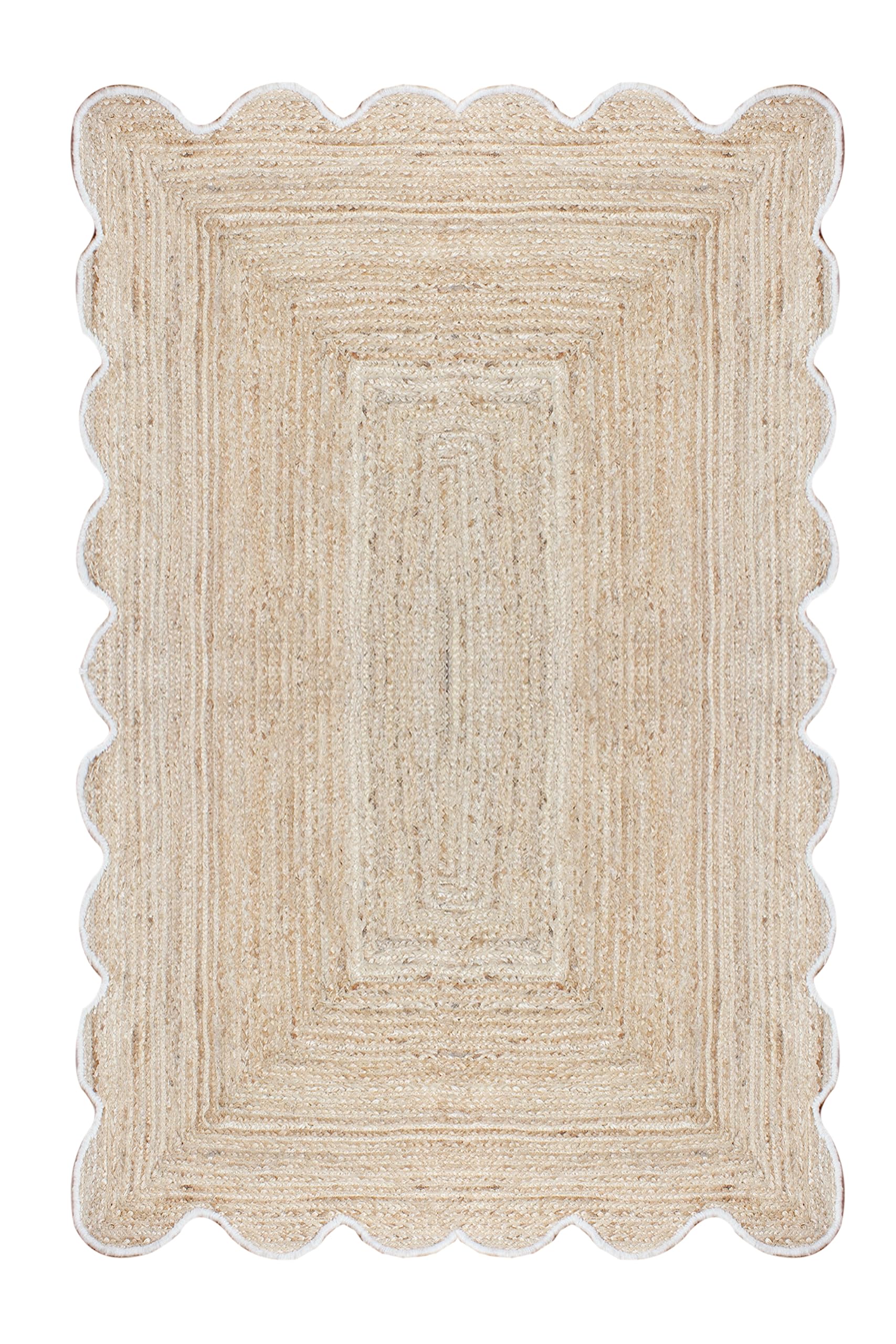 CASAVANI Collection Scalloped Runner Rug - 2.6x8 Beige Scallop Edge Braided Jute Rug Solid Kilim Rug Indoor Outdoor Use Carpet Flatweave Rugs for Bedroom Bedside Runner Kitchen Hallway