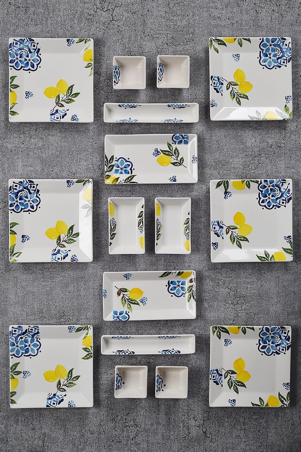 Breakfast Set 16 Piece Service for 6 People Handmade Ceramic Serving Plates Lemon Design Yellow Color - Yellow, One Size