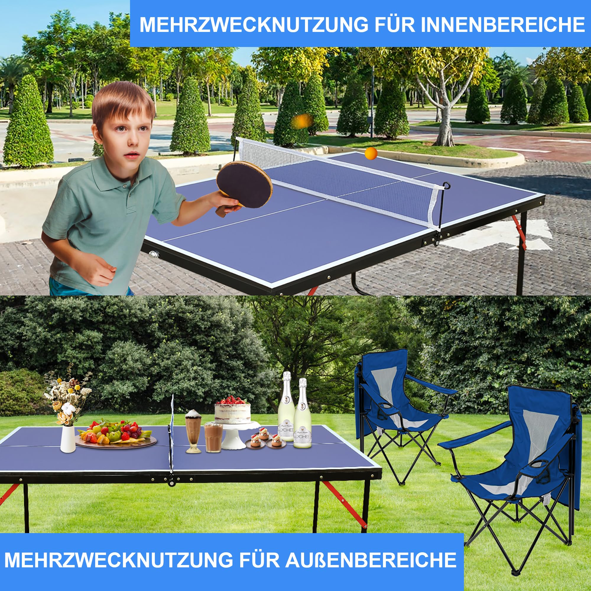 Tischtennisplatte mit Netz & Schläger-Set, Outdoor & Indoor klappbar – inklusive 2 Schlägern und Bällen, Stabiles Design mit Blauer Spielfläche – Einfacher Aufbau für Kinder und Erwachsene