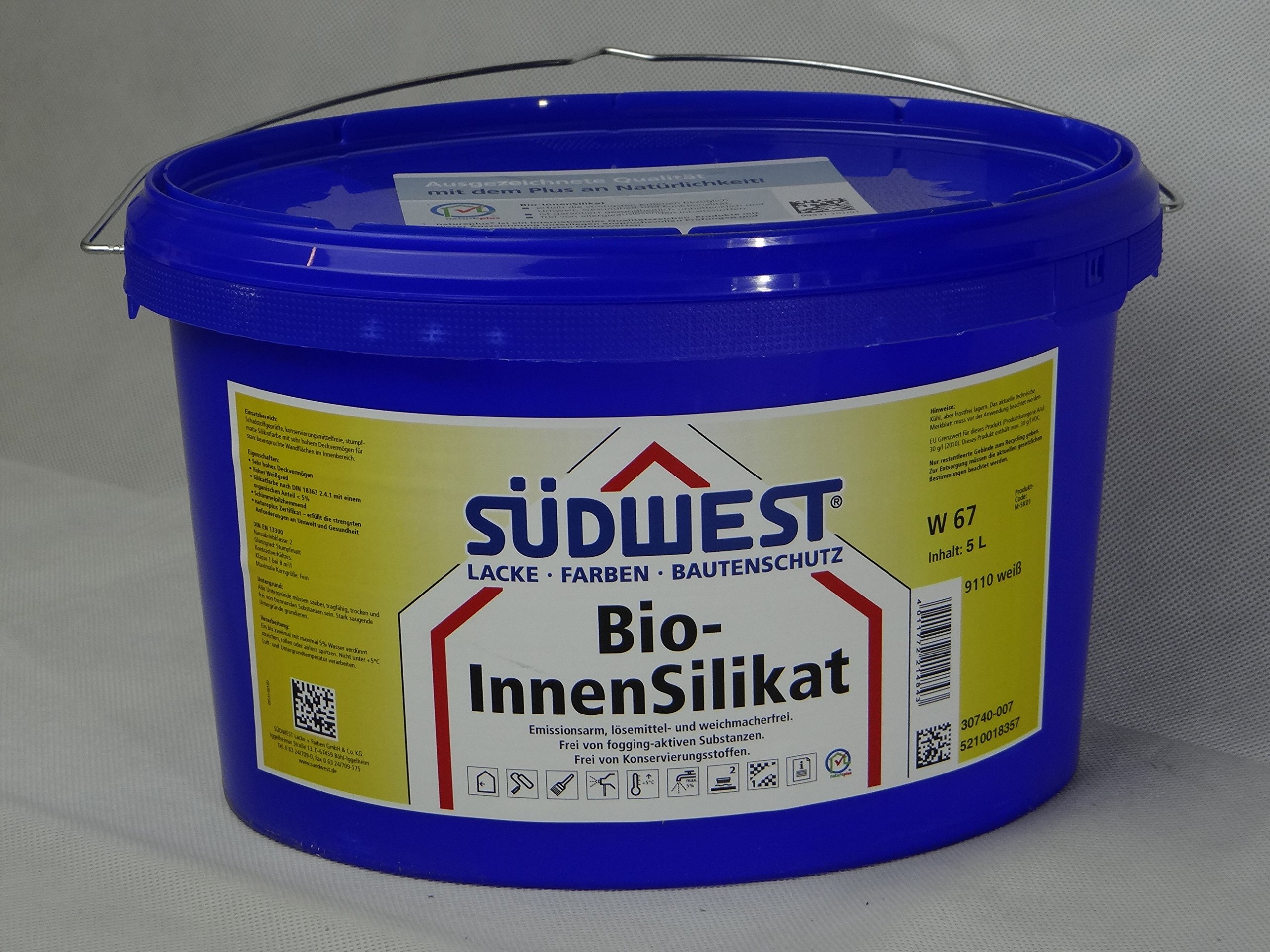 SÜDWEST Bio Innensilikat 5L Innenfarbe weiss - Acryl, Wasserfest, 50 Quadratmeter/Liter, Mineralfarbe im Eimer