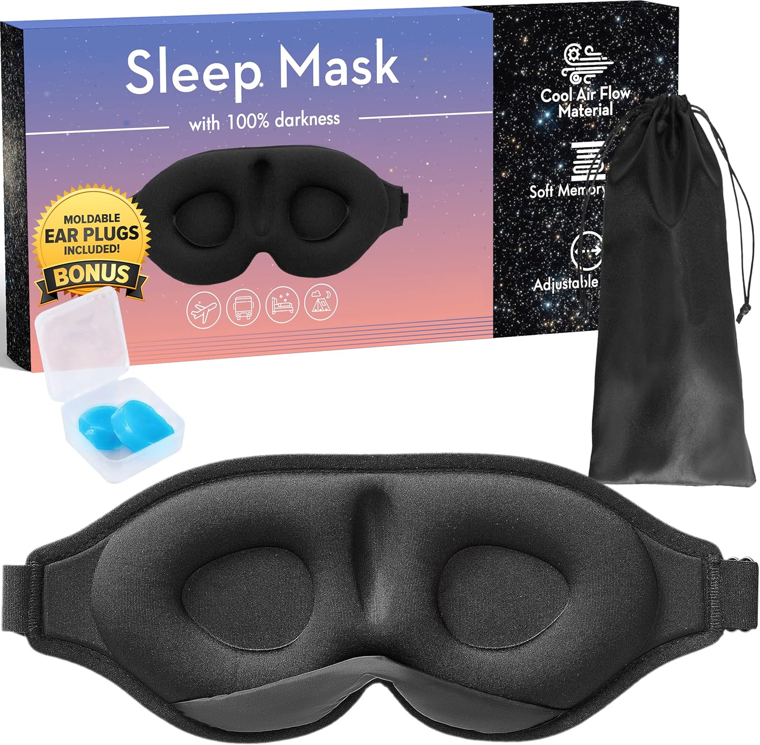3D Sleep Mask - Eye Mask for Sleeping with 100% Blackout Design, 3D Sleeping Mask for Women and Men, Comfortable and Breathable Contoured Sleep Mask, Sleep Eye Mask with Travel Bag + Silicone Earplugs