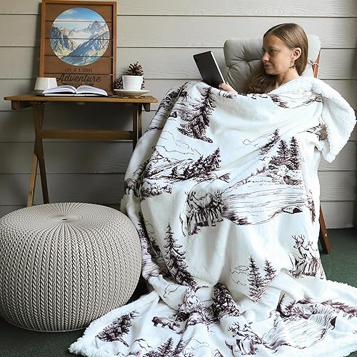 Miniatura 6 de Indigo Hill by HiEnd Accents - Manta de sherpa de pino blanco, estampado de oso de montaña, ciervo, ciervo, alce, manta occidental para campamento