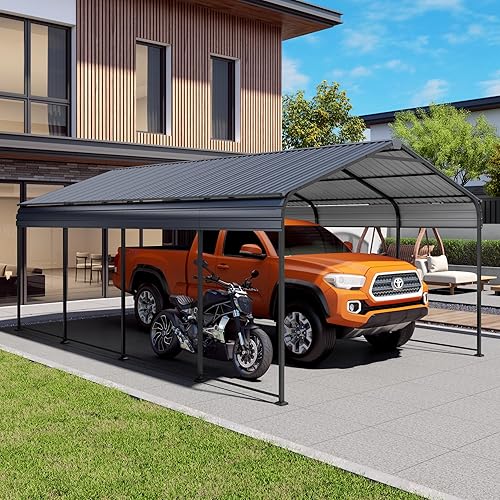 12x20x8.7 FT Carport with Galvanized Steel Roof, Heavy Duty Metal Carport Canopy, Car Shelter Garage for Pickup, Boat, Car and Tractors with Drainage Roof, Grey