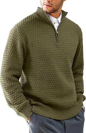 HYPESTFIT Mens Quarter Zip Sweater Mock Neck Knitted Pullover Long Sleeve Jumper Casual Top