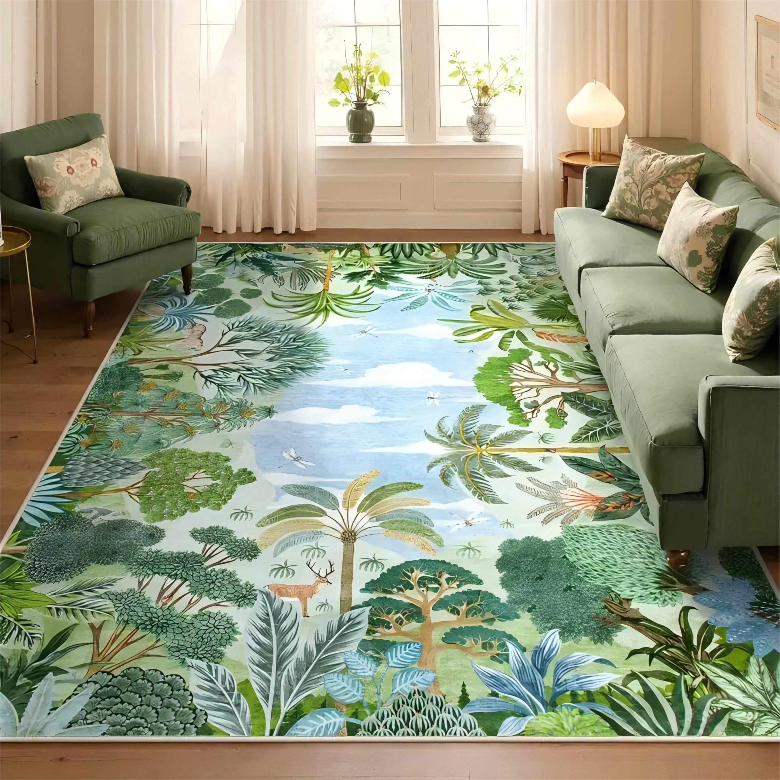 MUOUCTE Summer Jungle Rug, 160x230cm Plant Leaves Pattern Green Forest Soft Rugs, Washable No Shedding Tropical Rainforest Interior Decorative Carpet, for Kitchen Dining Room Bedroom Non-Slip Rug