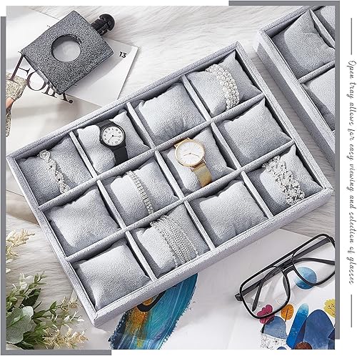 Miniatura 6 de Henoyso Bandeja de terciopelo para reloj organizador de joyas 12 cuadrículas apilable organizador de reloj pulsera soporte de exhibición de reloj