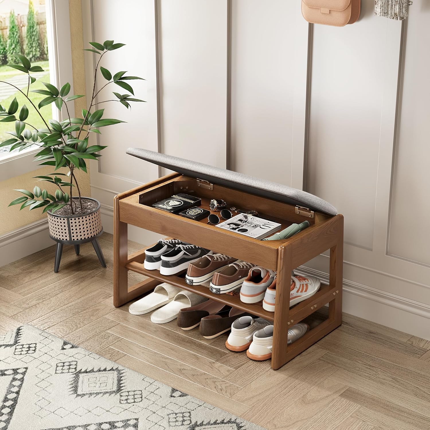 Shoe Rack Bench with Cotton-Linen Cushion 2-Tier Wooden Storage Bench 550lbs Compact Simple & Modern Design for Entryway, Hallway, Bedroom, Living Room, Closet, Front Door Entrance, Foyer