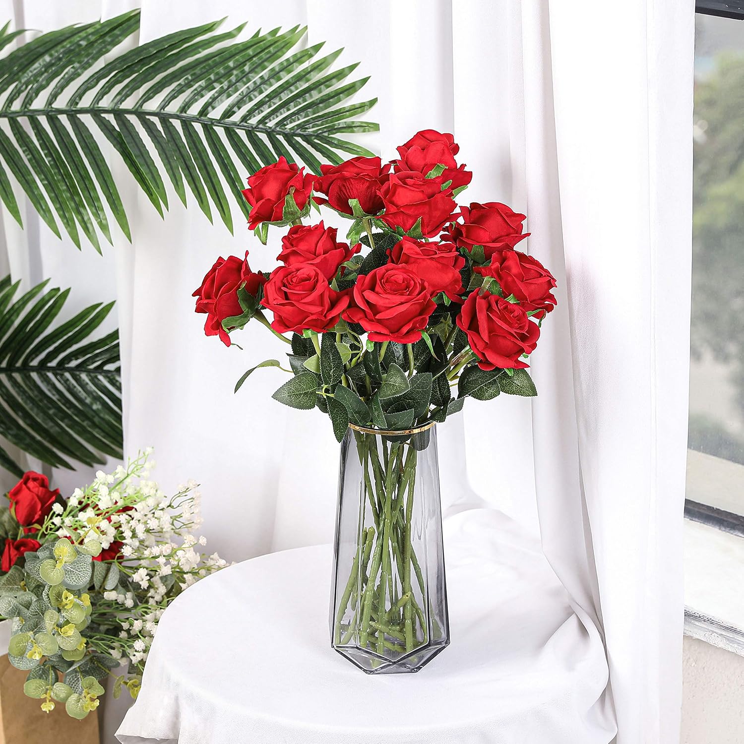 Floralsecret 12 Pcs Artificial Roses Flowers Silk Flower Bouquet Fake Single Stem with Long Stem for Home Wedding Party Garden Decoration(Red) - Image 3