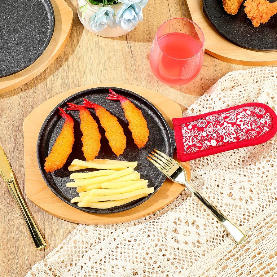 6er Set Gusseisen Fajita-Pfannen Mit Holzbrettern – Ca. 25 Cm, Schwarz, Inkl. Abnehmbare Griffe, Für Restaurant & Haushalt