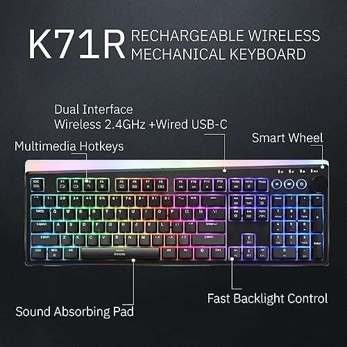 Miniatura 2 de iRocks K71R Teclado mecánico inalámbrico RGB para juegos, interruptores marrones, PBT 107 teclas NKRO, retroiluminación RGB, teclado profesional