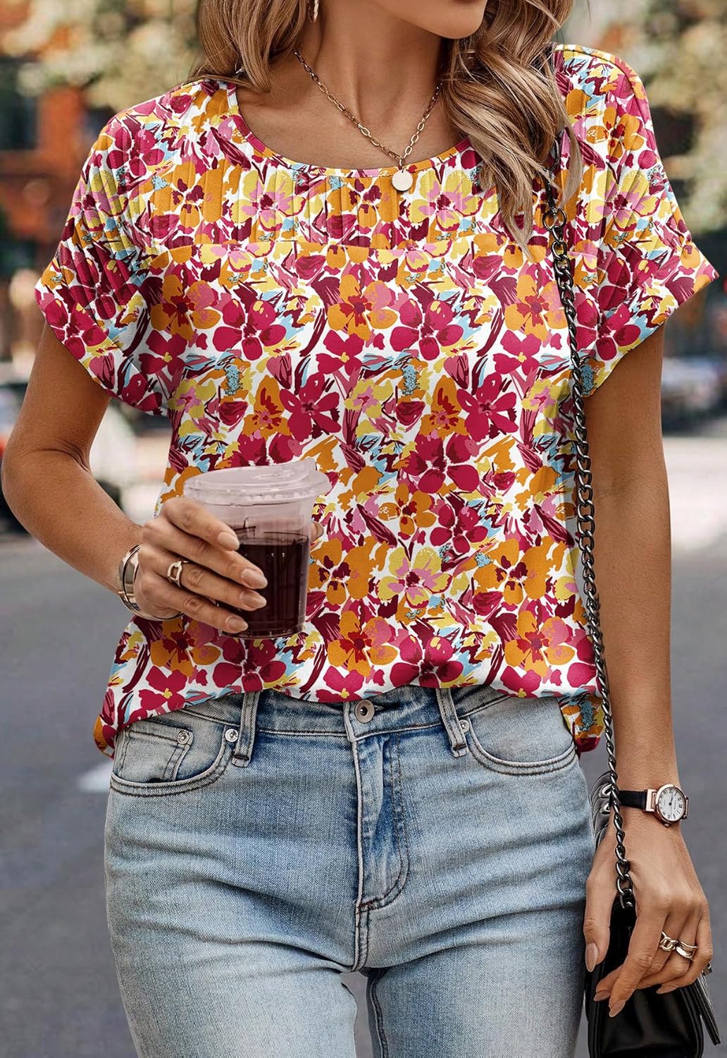 Summer Short Sleeve T Shirt for Women Pleated Crew Neck Top Casual Loose Blouses - Image 4