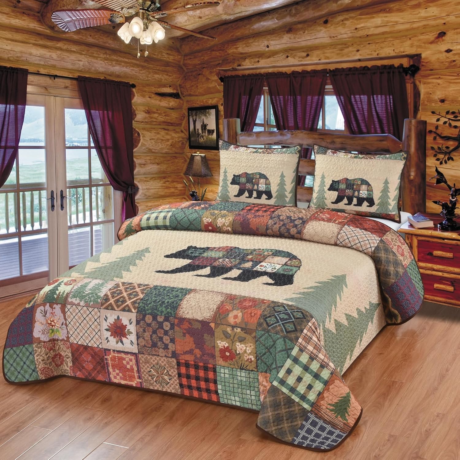 BestGiftEver Bear Themed Queen Quilt Coverlet Set – Rustic Cabin Bedding – 3-Piece Bedspread (90" x 90") with 2 Standard Pillow Shams – Cozy Woodland Decor for Lodge & Mountain Homes