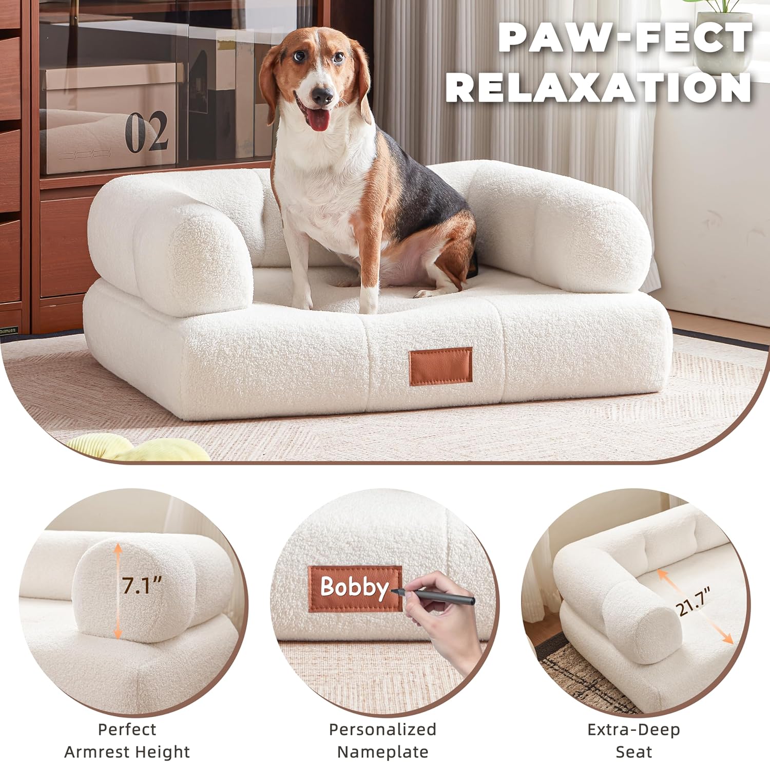 White Faux Shearling Dog Couch Bed for Large Dogs Under 70 lbs, 33.9 Inch Modern Tufted Elevated Dog Sofa with Leather Nameplate, Indoor Furniture Style Cute Raised Pet Sofa Bed (Large)