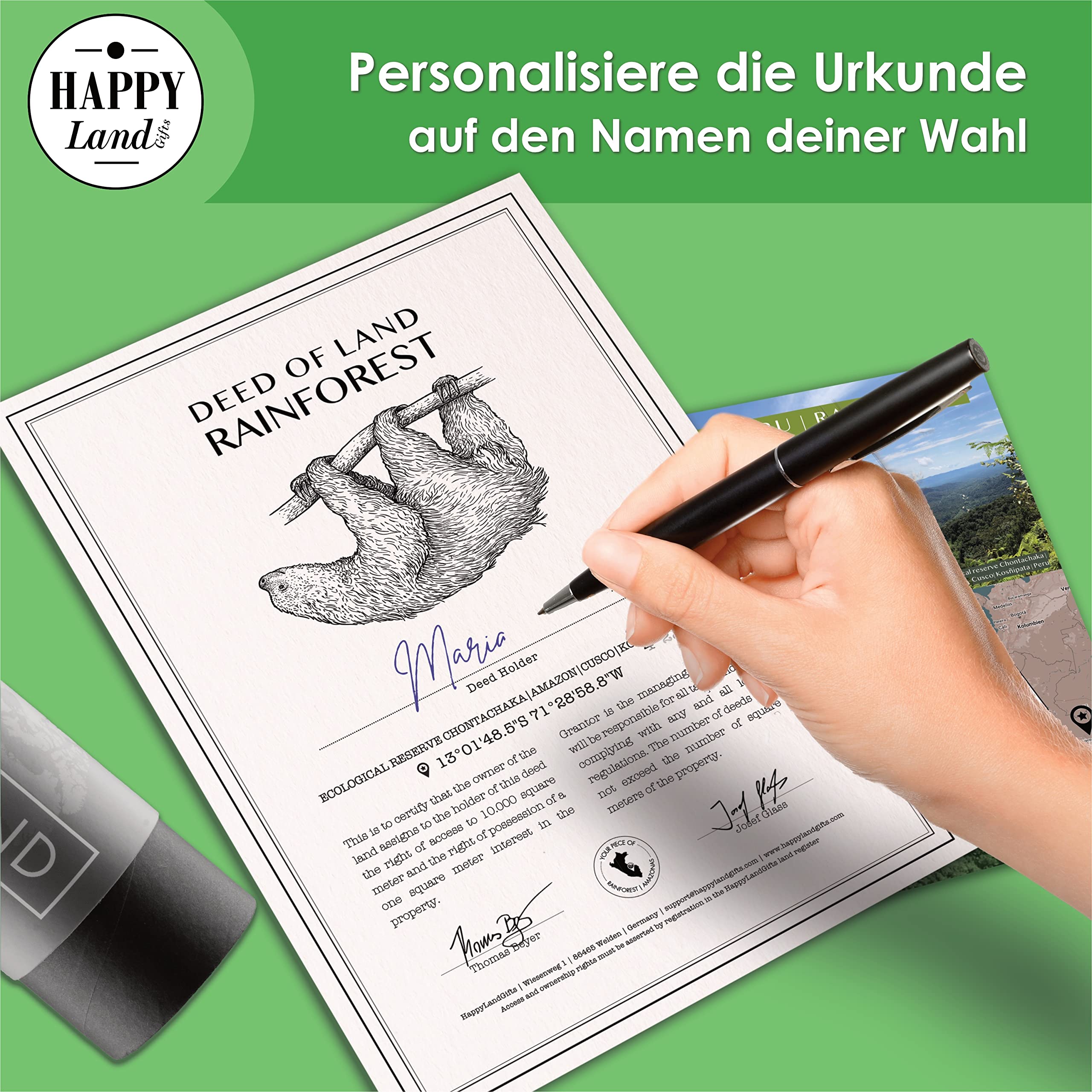 happylandgifts® 1m² echter Regenwald in Peru I Edle Besitzurkunde mit Wunschname zum selber eintragen I Geschenk für nachhaltige Männer und Frauen I Naturschutz I Nachhaltige Geschenke