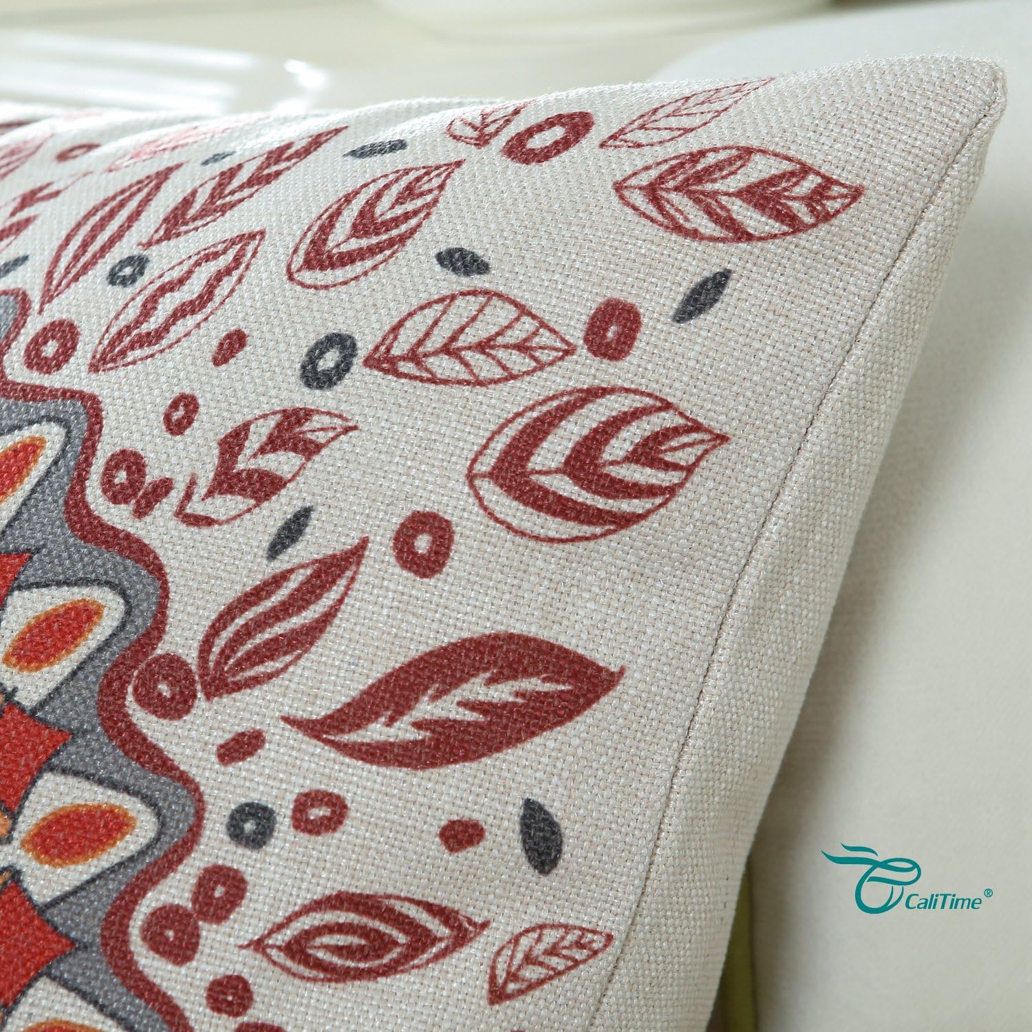 CaliTime Canvas Throw Pillow Cover Case for Couch Sofa Home Decor Floral Compass Leaves Medallion 18 X 18 Inches Red