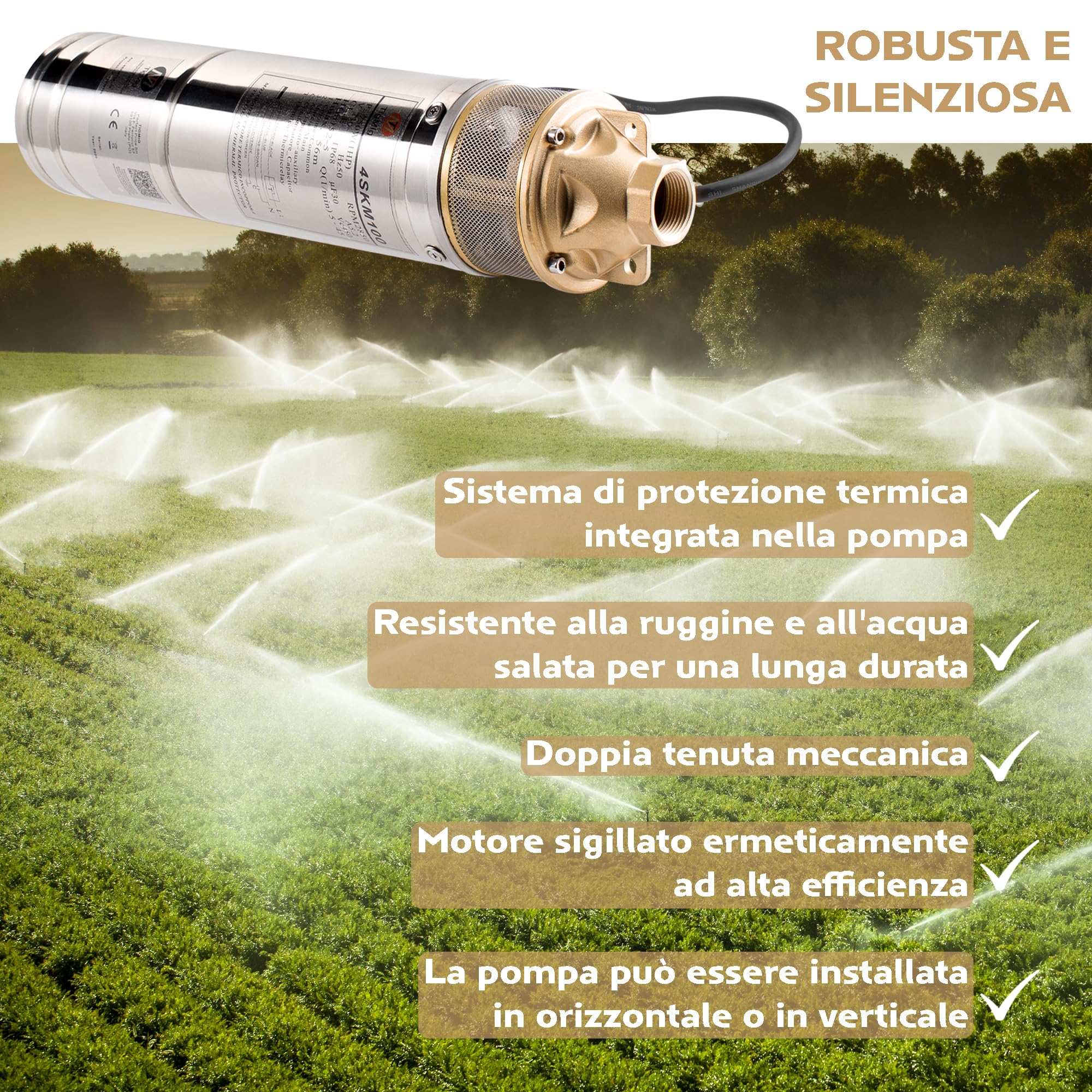 TIGMIG Pompa Sommersa Per Pozzi 750 W, 10m, Portata Max 2700 litri/h, Acciaio Inox 304, Protezione IP68, Pompa Immersione Sommergibile, Pozzi Profondi, Terreni Agricoli, Irrigazione, Drenaggio Cantine