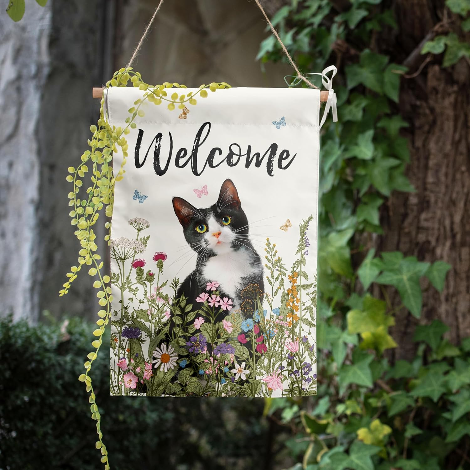 Spring Cat Garden Flag Floral Tuxedo Cat Garden Flags for Outside Summer Flower Outdoor Flag Small Farmhouse Welcome Yard Flag 12x18 Double Sided - Image 6