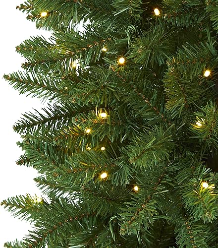 Miniatura 4 de Nearly Natural Árbol de Navidad artificial de pino de montaña verde delgado de 7 pies con 300 luces LED transparentes