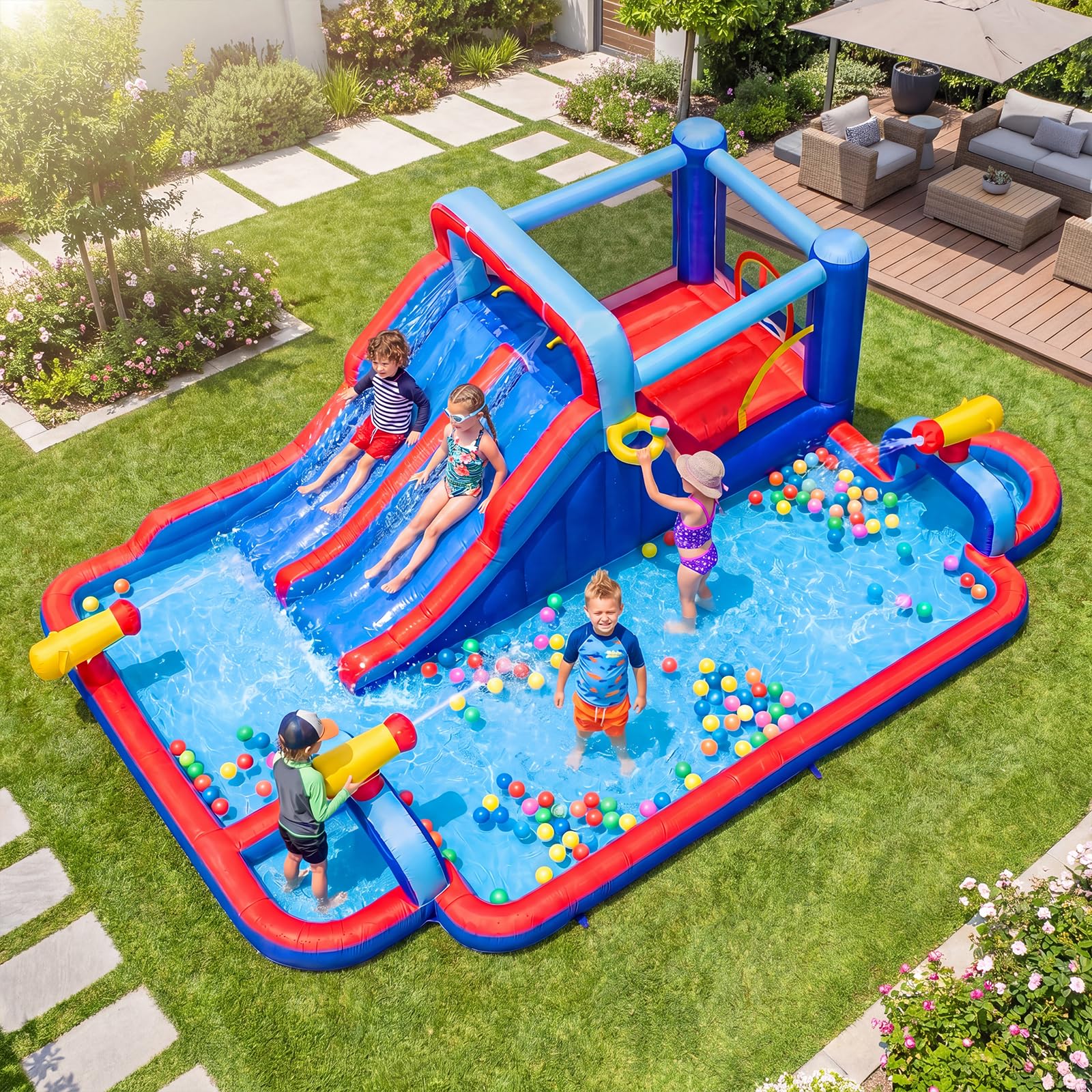 GIANTEX Castello Gonfiabile per Bambini con Scivolo, Piscina Gonfiabile in Tessuto Oxford con Canestro da Basket, Cannone ad Acqua e Parete da Arrampicata, Parco Giochi Grande da Esterno per 3-12 Anni
