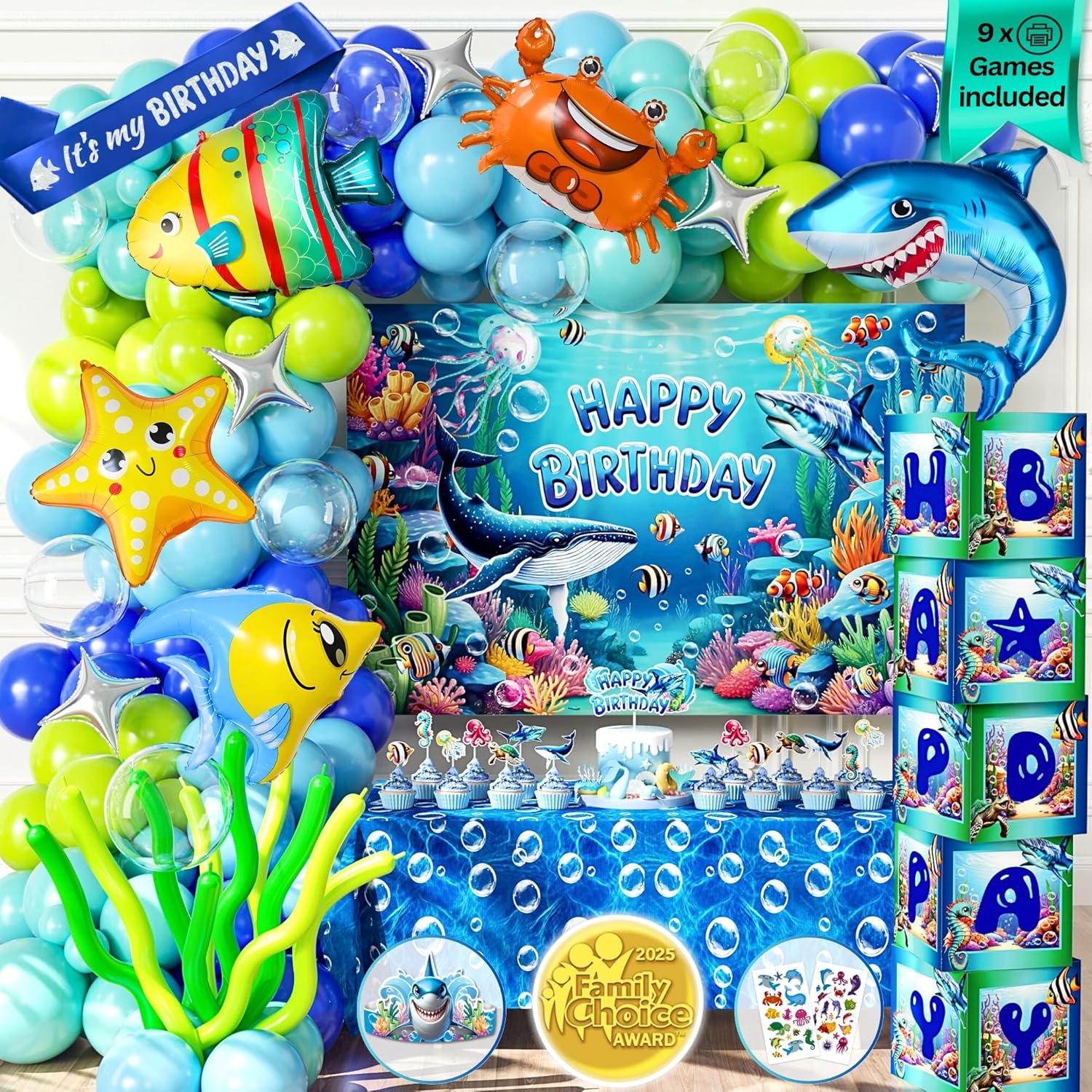 179 Pc Premium Under the Sea Party Decorations – Ocean Themed Baby Shark Birthday Supplies with Balloon Arch Kit, Backdrop, Sea Creatures, Cake Toppers & Tablecloth – Underwater Party Decor for Kids