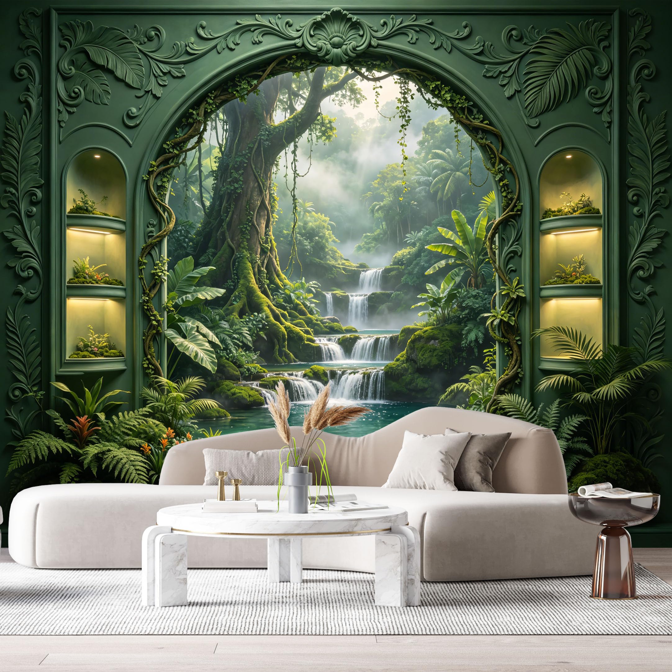 Custom Size Wall Murals Tropical Jungle Waterfall Archway 3D Trompe L'Oeil SelfAdhesiveWall Fabric Removable Wallpaper Wall Decor for Living Room Bedroom Bathroom