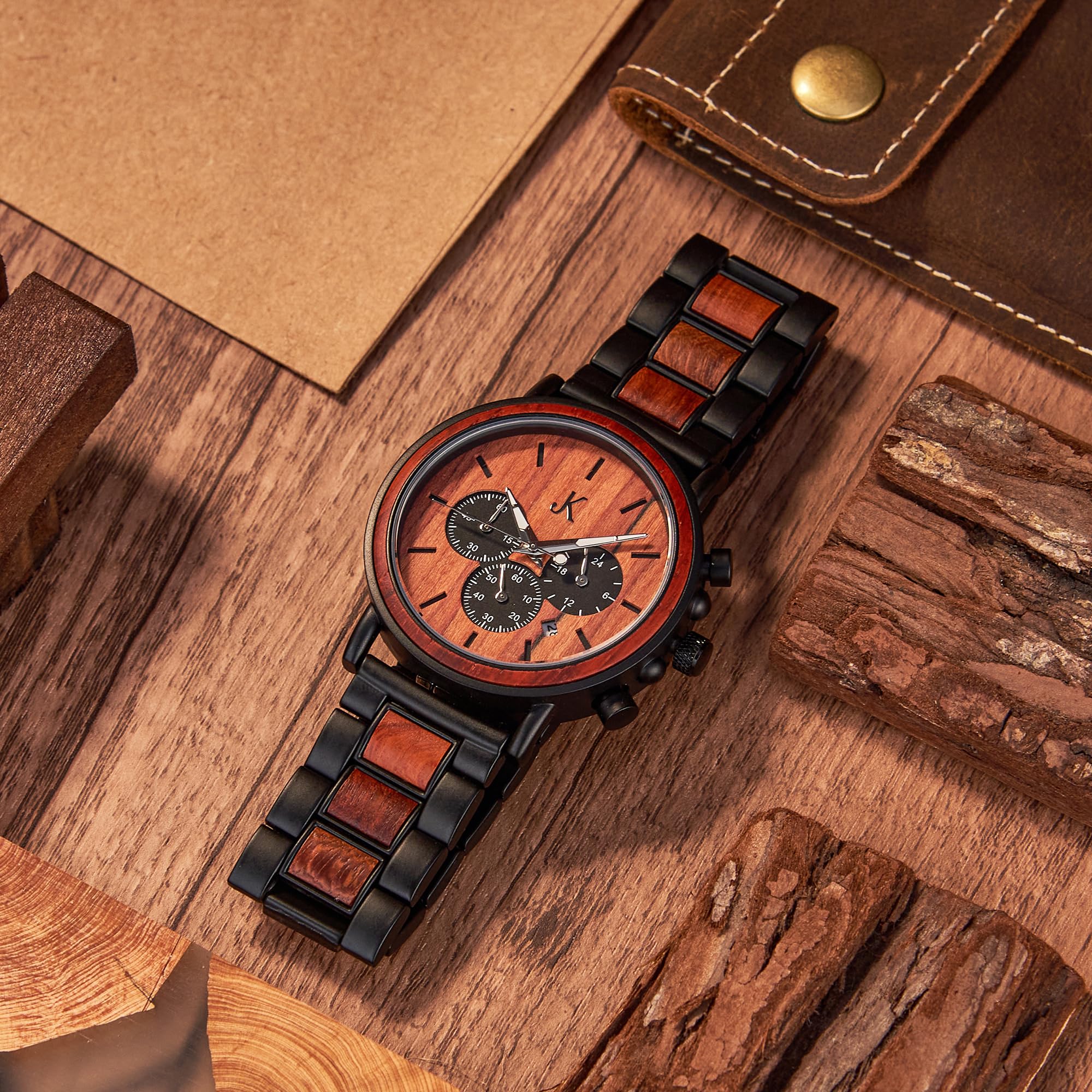 Kim Johanson® Holz-Edelstahl Armbanduhr *Military* für Herren in Braun | Chronograph mit Stoppuhr & Datum | Handgefertigt | Quarz | Analog Uhr | Geschenk | Verstellbares Armband | Inkl. Uhrenbox