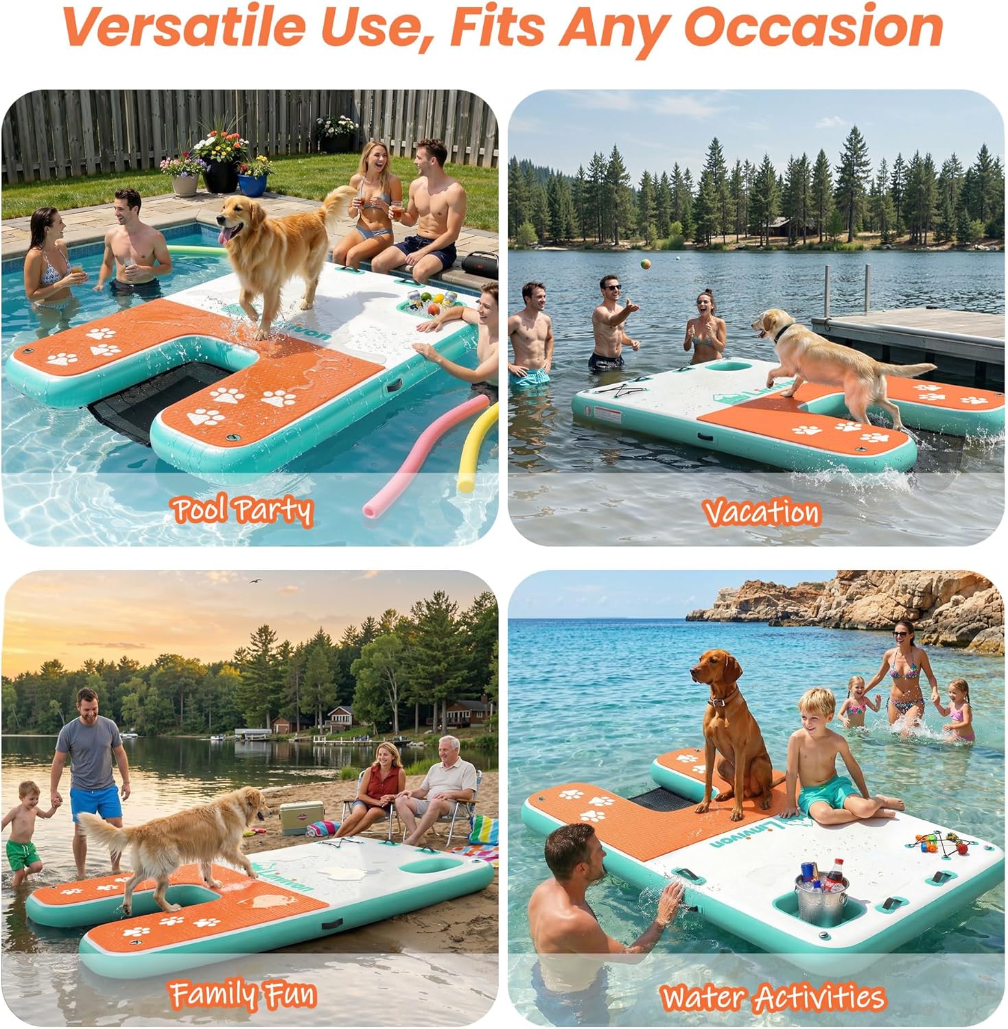 8x5ft Extra Large Inflatable Dog Dock & Boat Ramp for Multiple Large Dogs, 600 LBS Load Capacity, with Anti-Slip EVA Foam & Built-in Ice Bucket Compartment, Dog Water Ramp for Pool Boat Beach Orange