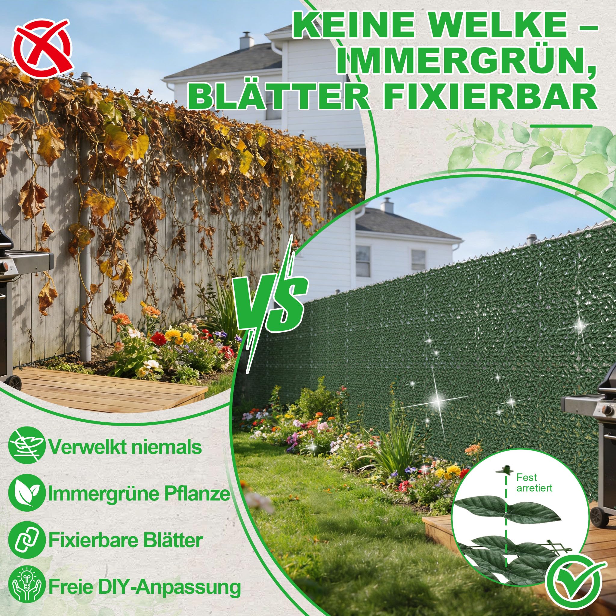 Aufun Künstliche Efeu Garten Sichtschutz mit Kabelbinder 100x1500cm | UV-Beständig Balkonsichtschutz Garten, Hecken Paneele Rolle Pflanzen Hängend Girlande für Gartenhecken Balkon Außendekoration