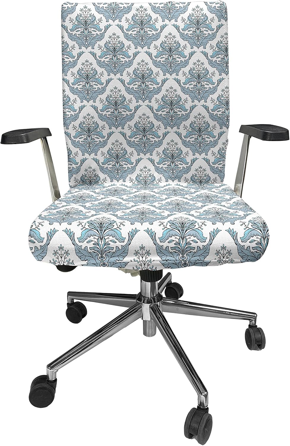 Ambesonne Winter Office Chair Cover, Damask Inspired Classical Flowers Botanical Old Fashioned Foliage Motifs, Stretchable Decorative Universal Size High Back Printed Slipcover, Blue White