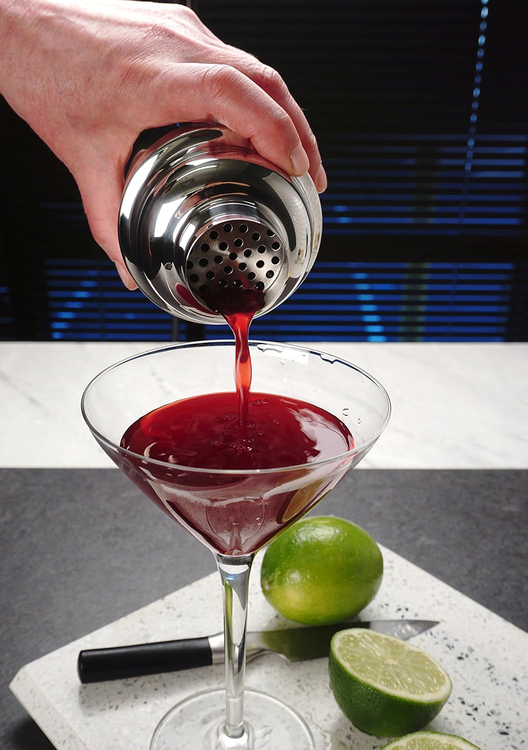 RSVP International Stainless Steel Cocktail Shaker, 18 Ounce | Shake Margaritas, Cosmos, Manhattans, Martinis & More | Modern Design with Large Straining Holes | Dishwasher Safe
