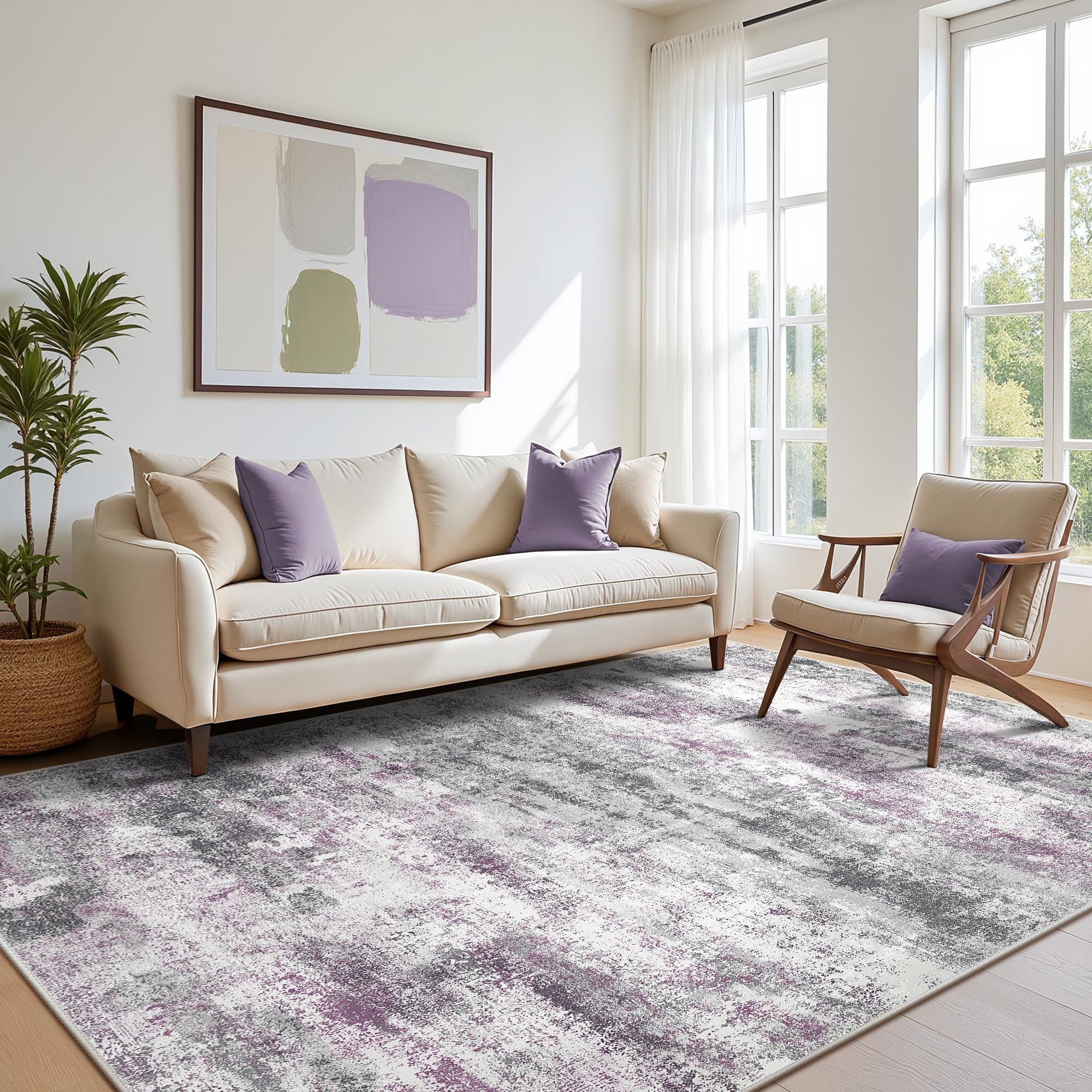 BEIMO 5x7 Area Rugs for Bedroom, Purple Grey Washable Abstract Non Slip Rug