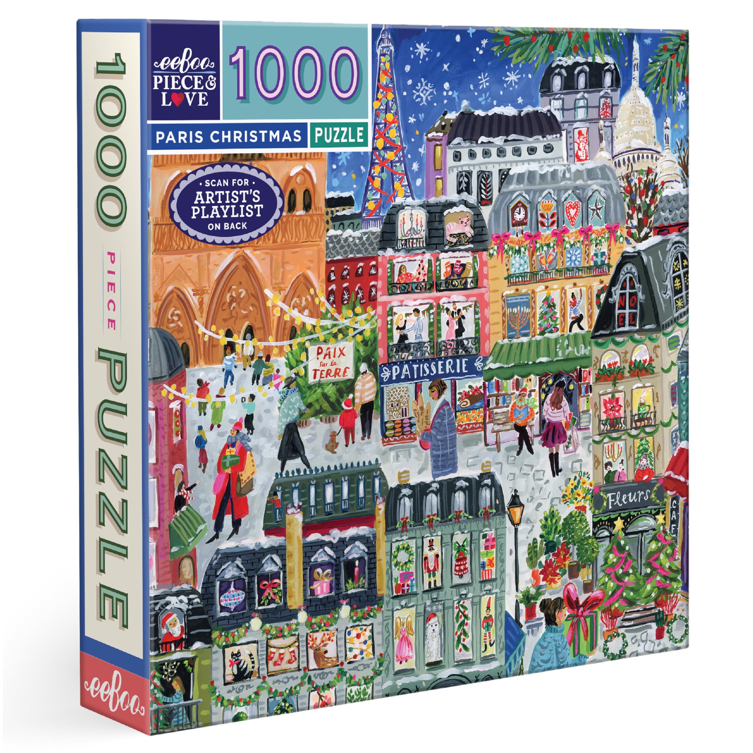 eeBoo Piece & Love: Paris Christmas - 1000 Piece Puzzle - 23" Adult Jigsaw, Jennifer Orkin Lewis’ Festive City of Lights Holiday Scene, Eco-Friendly