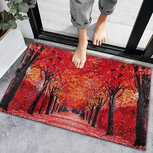Bath Rugs Entrance Non Slip Front Door Mat Romantic Autumn Red Maple Forest Kitchen Carpets Thanksgiving Fallen Leaves Floor Mats for Bathroom