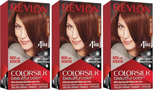 Revlon Permanent Hair Color, Permanent Hair Dye, Colorsilk with 100% Gray Coverage, Ammonia-Free, Keratin and Amino Acids, 31 Dark Auburn, 4.4 Oz (Pack of 3)
