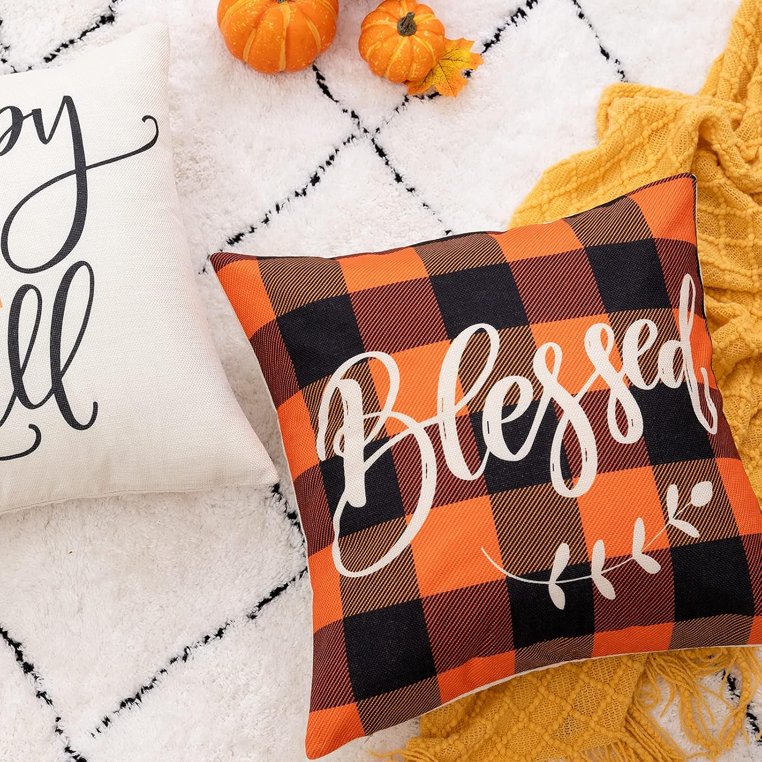 joybest Fall Pillow Covers 18x18 Set of 4 for Fall Decor, Buffalo Check Plaid Pumpkin Maple Leaf Thanksgiving Farmhouse Throw Pillow Covers Cotton Linen Cushion Case for Couch