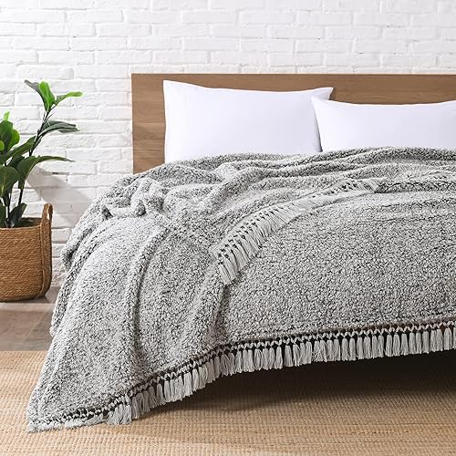 Manta Sherpa de forro polar ultrasuave, tamaño Queen, ligera y acogedora manta de cama bohemia con borla decorativa, patrón reversible, 2 tonos