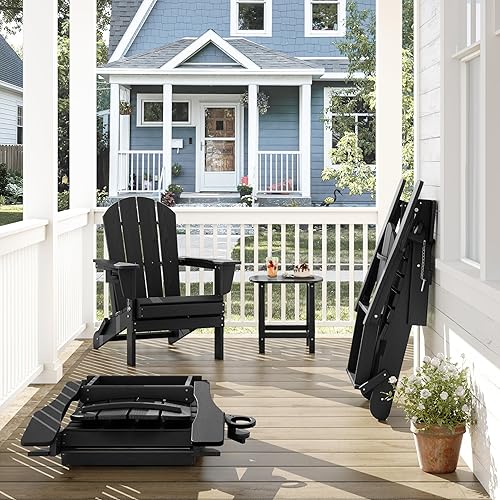 Miniatura 2 de Juego de 2 sillas Adirondack plegables al aire libre para patio, sillas ajustables de polietileno de alta densidad con textura de madera con soporte