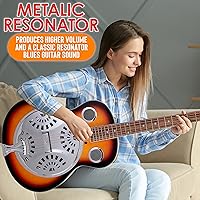 Vista 2 de Pyle Resophonic - Guitarra acústica eléctrica, 6 cuerdas Sunburst con preamplificador integrado, funda, accesorios