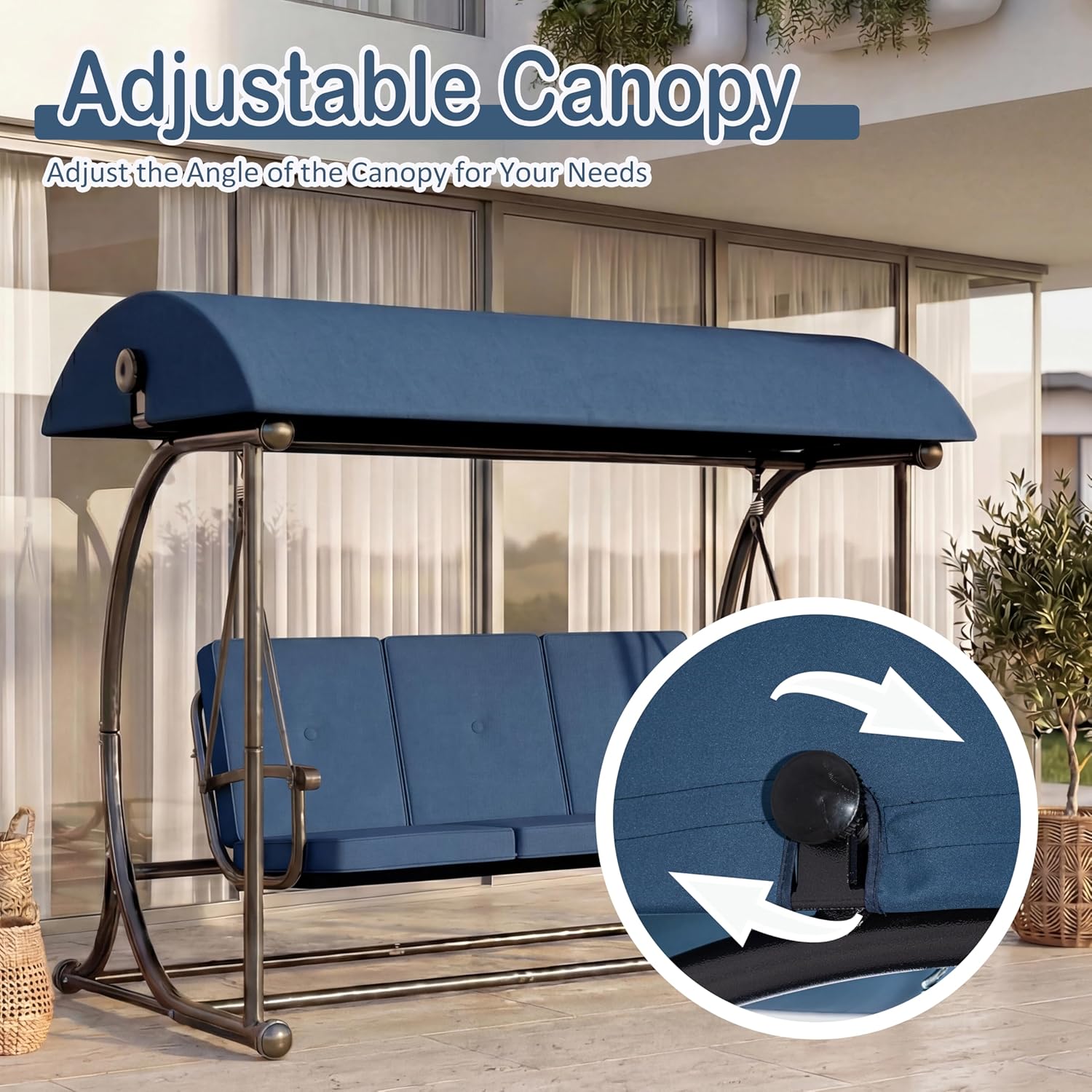 3 Person Oversized Outdoor Porch Swing with Adjustable Backrest Canopy, D-Shaped 2-in-1 Swing Bed 600 lbs Capacity, Patio Swing for Garden, Balcony & Poolside, Blue