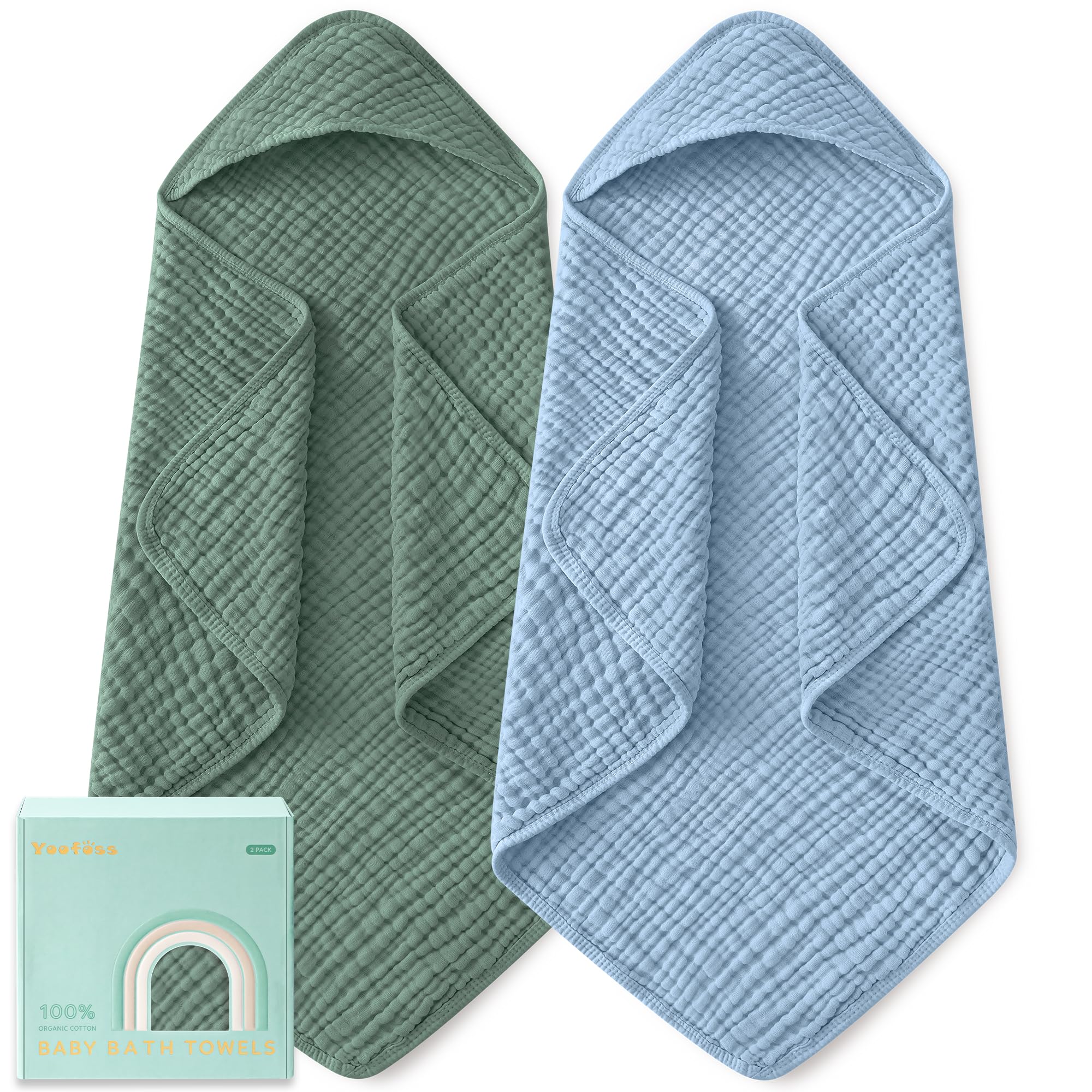 Yoofoss Hooded Baby Bath Towels 2 Pack 100% Muslin Organic Cotton with Hood