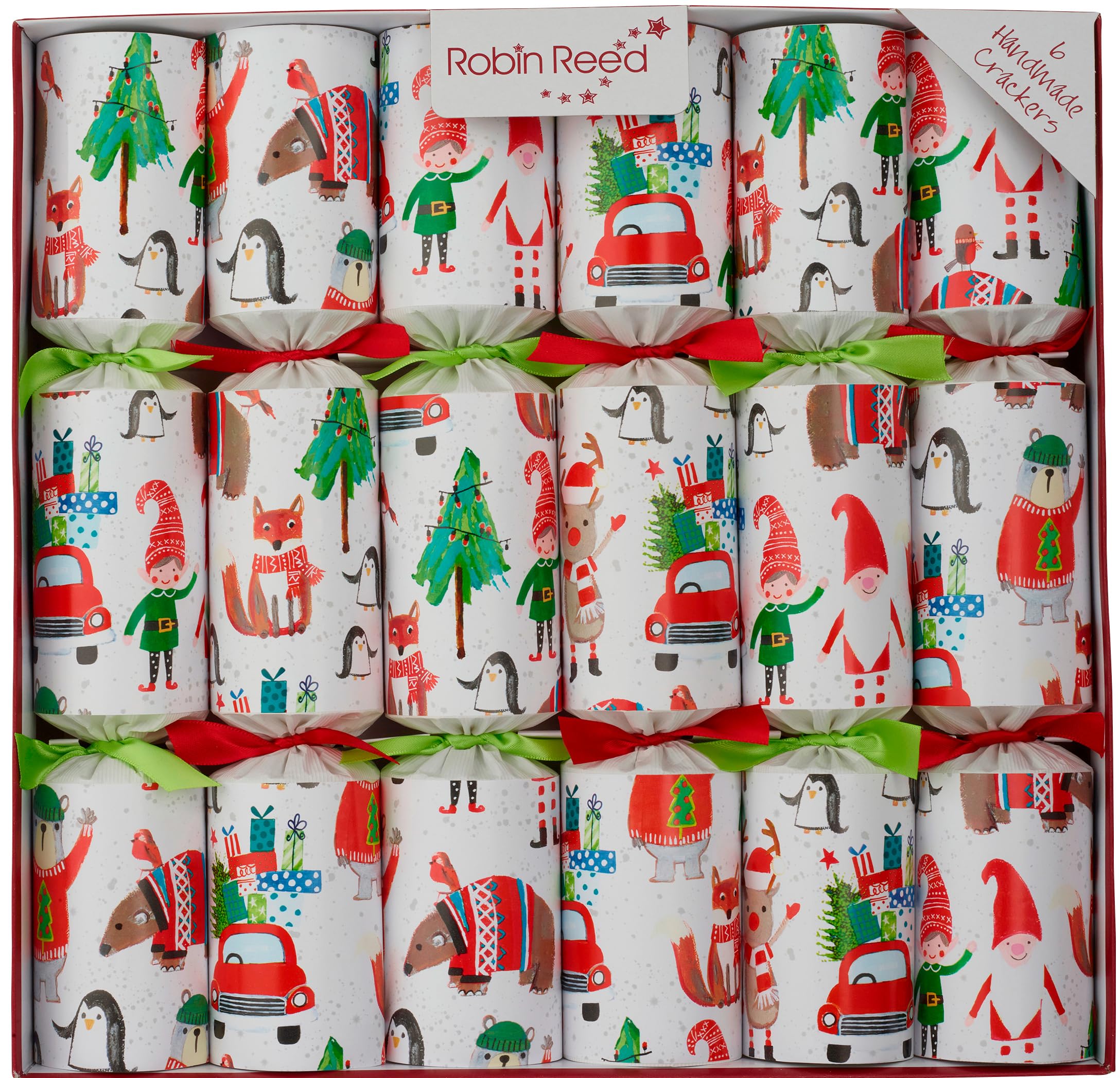 Robin Reed handmade racing Elf Christmas Crackers - containing wind up raciong elf game