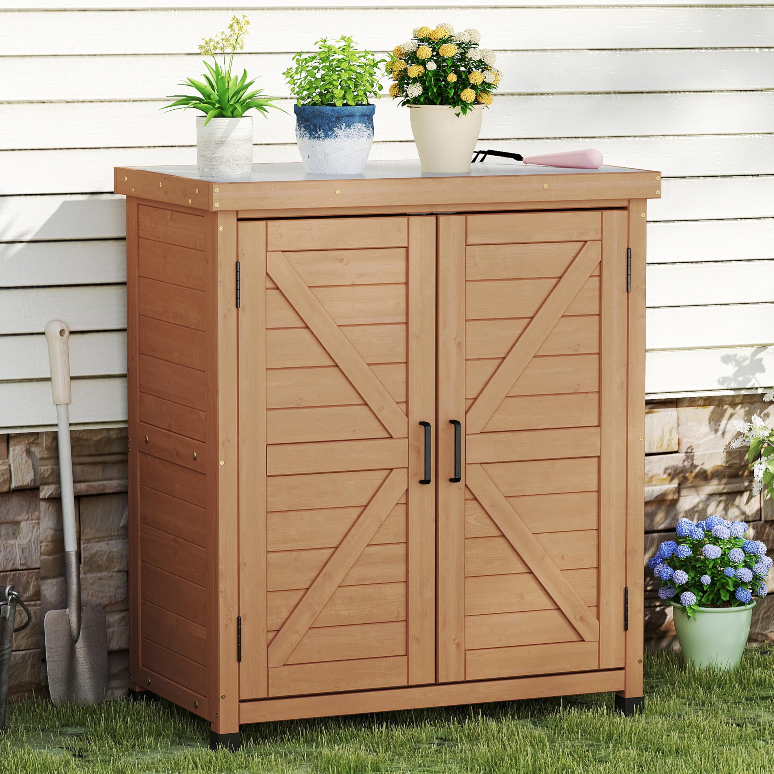 SoliWood Gartenschrank Wetterfest Outdoor Holz Metallplatte Pflanztisch Gartenarbeitsplatz 91x78x43 cm