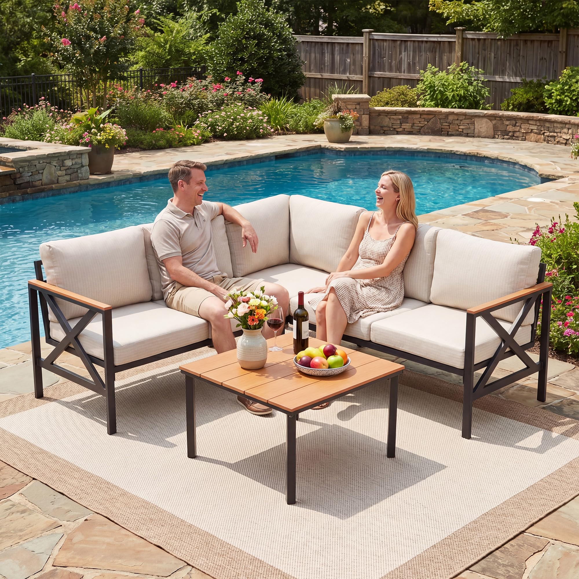 Metal Gartenmöbel Set,6-Teiliges,L-Form Outdoor Sofa mit Couchtisch und 10cm Olefin-Schaumstoffkissen,Wetterfest Lounge für Garten,Terrasse,Pool,Unterhaltungssets bis 6 Personen,Beige