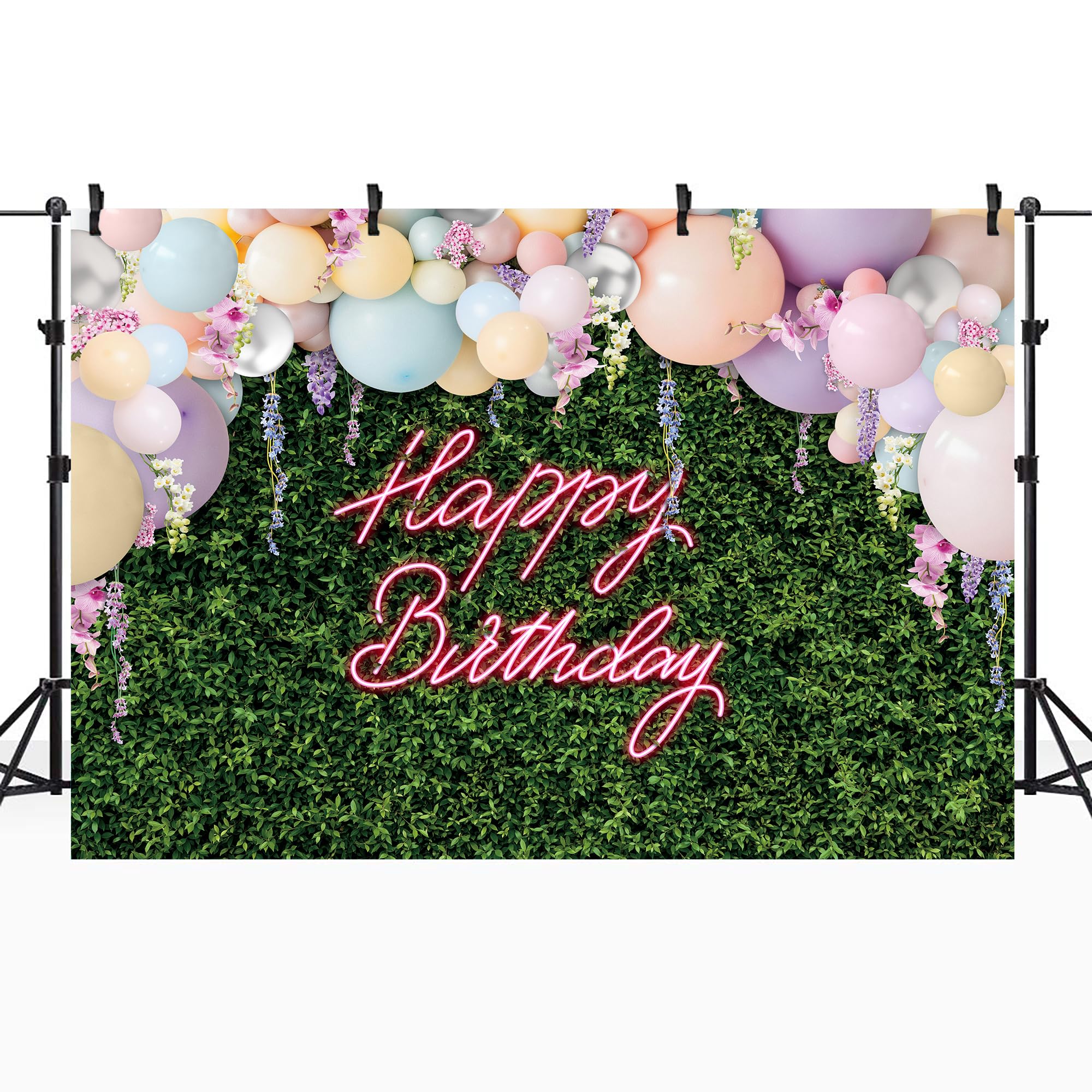 Riyidecor Green Leaves Happy Birthday Backdrop Polyester Fabric for Women Girls Neon Balloons Flower Wall Spring 7Wx5H Feet Rustic Plant Botanical Photography Background Birthday Photo Studio Shoot