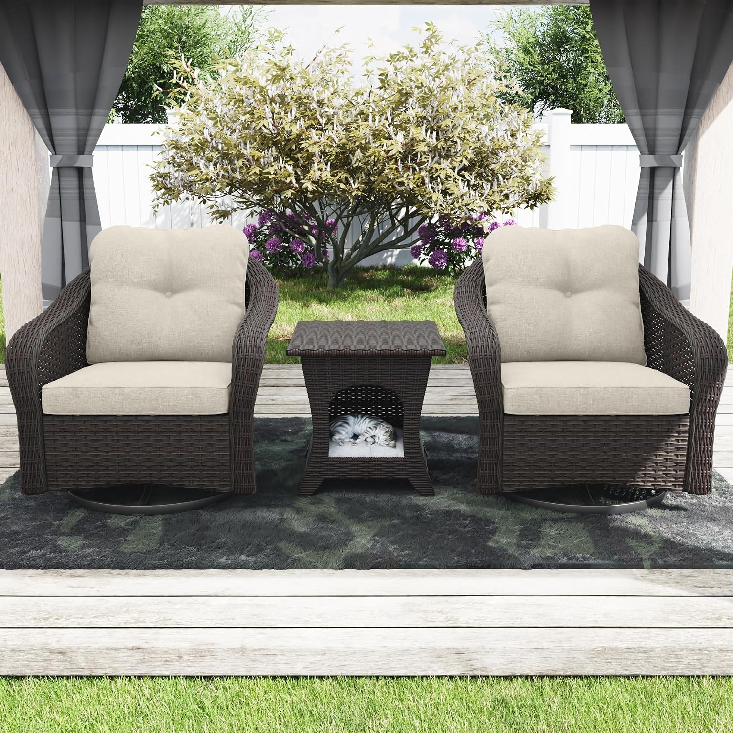 3-Piece Patio Conversation Set Outdoor Swivel Rocker Chairs Set of 2 and Matching Side Table/Pet House with Premium Fabric Cushions (Arc/Beige)