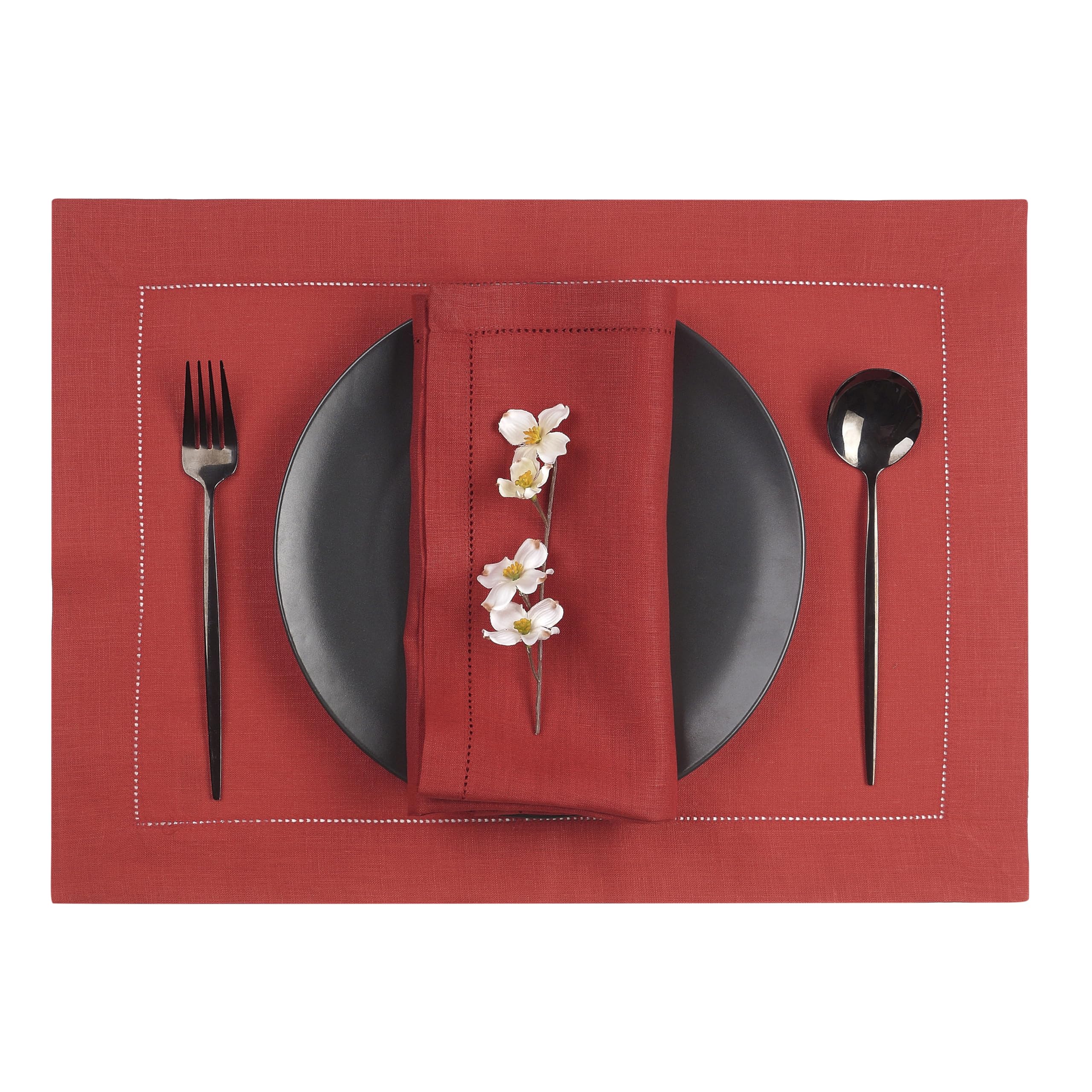 D'Moksha Homes Linen Placemats Set of 4 - Classic Hemstitch Bright Red Placemats 14 x 19 Inch - 100% Pure Linen Table Mats for Fall, Autumn and