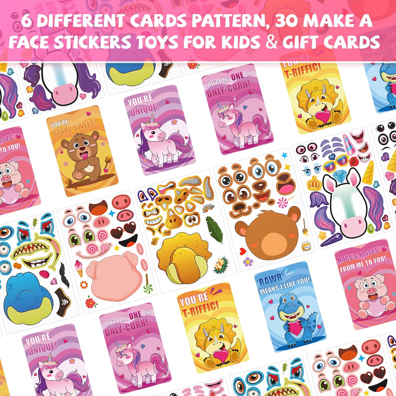 30Pack Valentines Day Gifts for Kids Classroom with Valentine Stickers，Valentines Cards for Kids School &Make Your Own Stickers Toddlers,Unicorns Dinosaur Animals Party Favor Exchange Gift