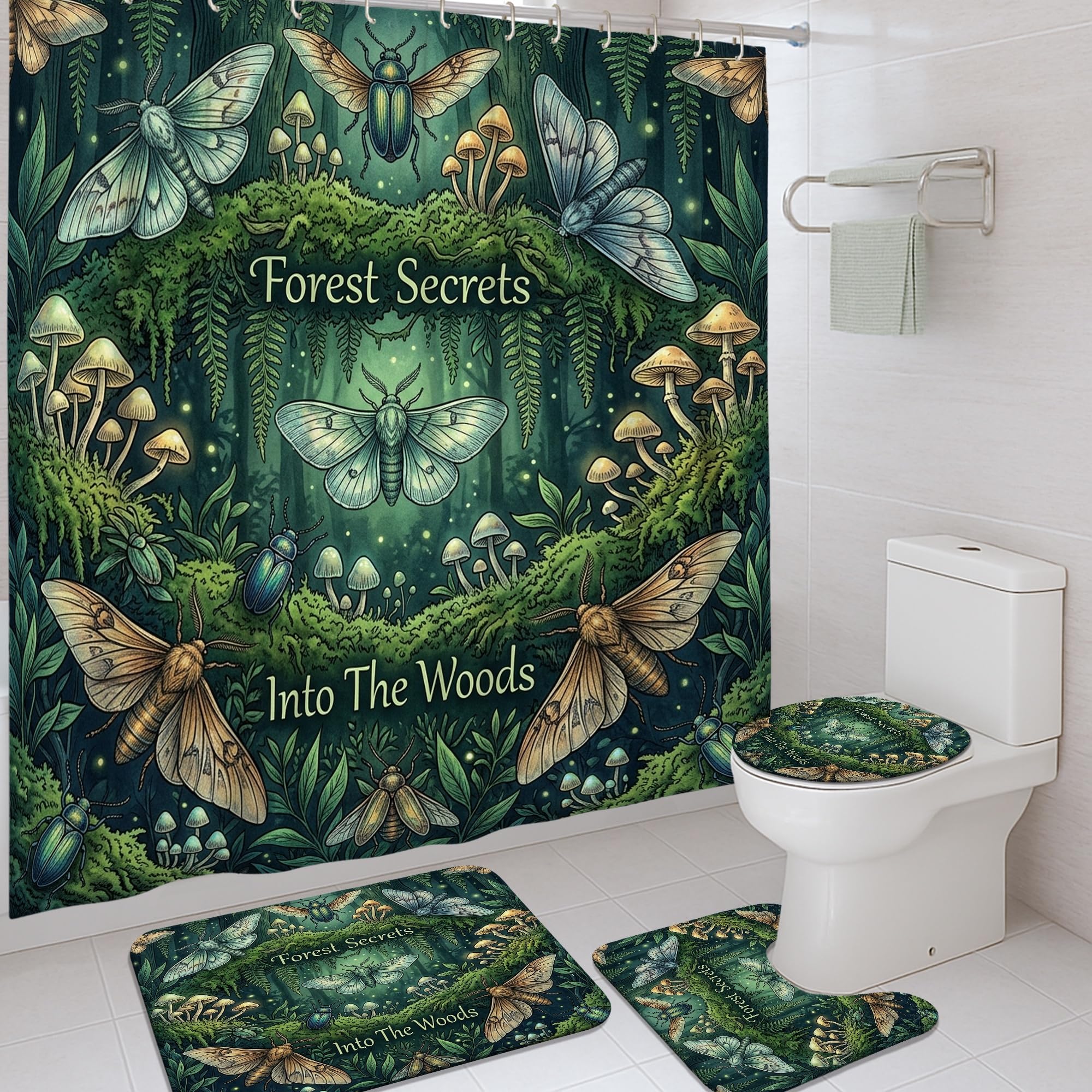 Rideau de douche imprimé papillon et tapis assorti vert 183x183cm