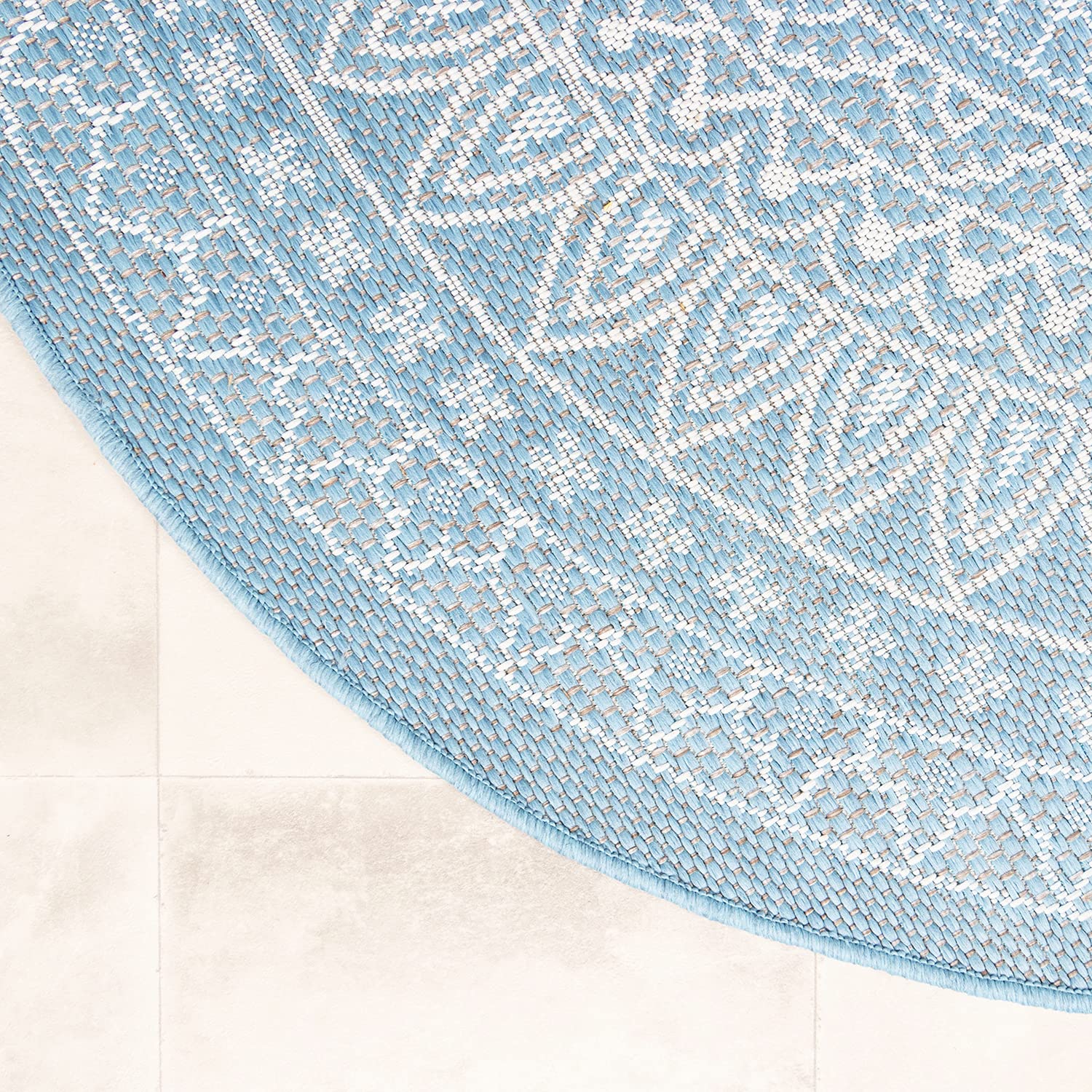 FRAAI | Home & Living In- & Outdoor Teppich Rund - Summer Azteca Hellblau - Wetterfest - Polypropylen - Ø 180 cm - Balkon, Garten/Terrasse - Terrasse Teppich - Outdoor Rug